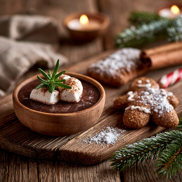 Bowl of hot chocolate with marshmallows and gingerbread cookie, chocolate