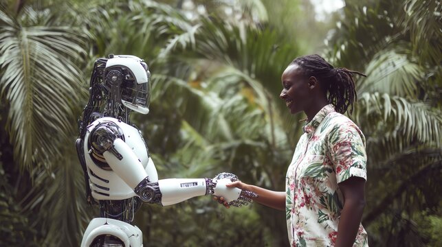 Robot and human interaction in nature scene.