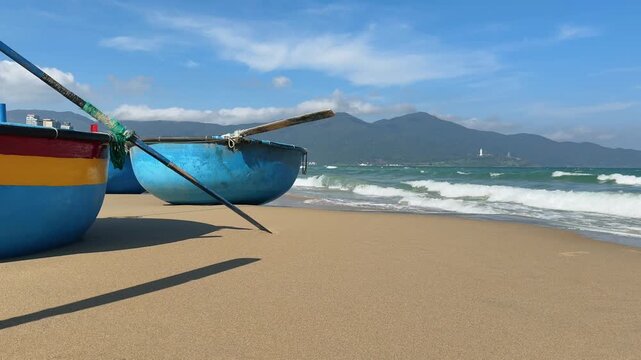 Vietnamese Round Basket Boat on Da Nang Beach Traditional Fishing Craft