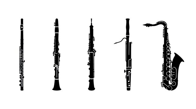 Collection of Woodwind Instruments Silhouettes on White Background.