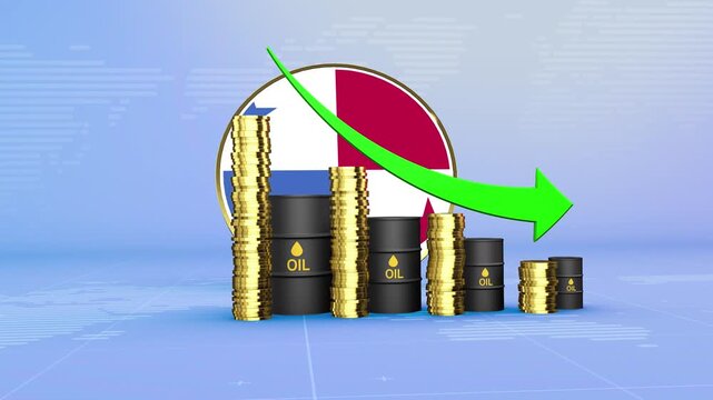 Panama Oil Prices Decline with Oil Barrels, Gold Coins and Downward Green Arrow, 3D Economic and Financial Market Concept
