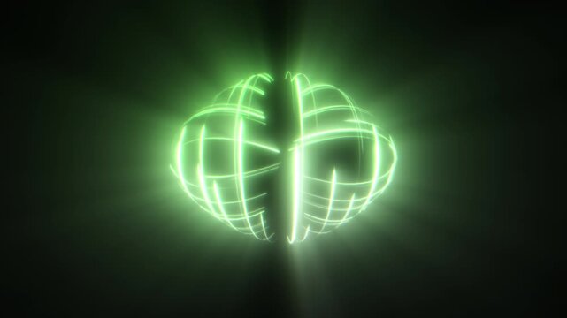 Green Long Particles with Light Rays Emitting and Looping Back Inwards Creating Warped Glowing Orb on Black Background. Use Add, Screen Blending Modes to Overlay.