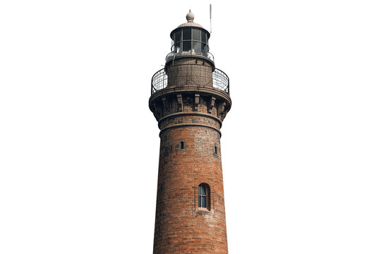 Tall red brick lighthouse with wide lantern balcony