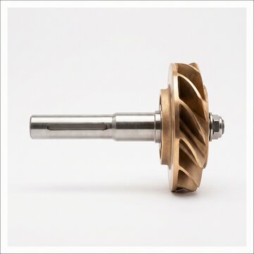 A close-up metallic component with an impeller on a shaft. 