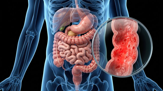 Human torso digestive system showing inflamed colon with ulceration highlighted by magnifying glass, medical concept of intestinal disease and internal anatomy visualization