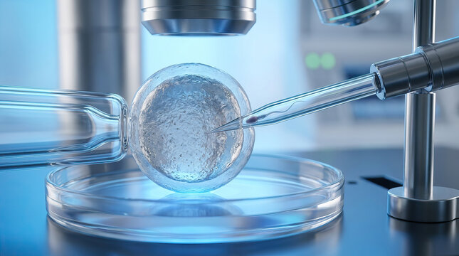 In vitro fertilization procedure showing microscopic egg cell being injected with sperm using pipette in laboratory setting with scientific equipment