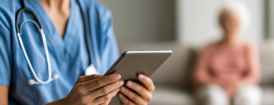 Healthcare professional using tablet while consulting elderly patient  