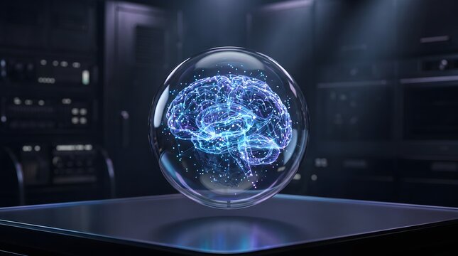 Digital human brain model displayed with futuristic holographic glass interface in a dark high tech laboratory environment