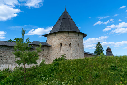 Izborsk Tower of the Holy Dormition Pskovo-Pechersky Monastery on a sunny summer day, Pechory, Pskov region, Russia