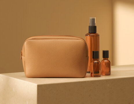 Elegant Tan Leather Toiletry Bag and Amber Glass Bottles, Minimalist Cosmetic Pouch and Perfume Vials, Luxurious Travel Essentials, Skincare Packaging Mockup, Clean Studio Product Photography