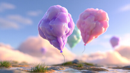 Obraz premium Surreal fluffy cloud shapes floating above a landscape at dusk