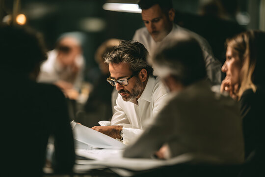 Business professionals engaged in strategic planning during a meeting at an office in Paris, France