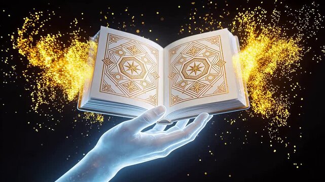 Hand holding open book with glowing patterns