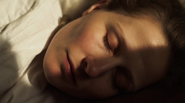 Woman sleeping with light casting shadows on her face in a room during morning hours