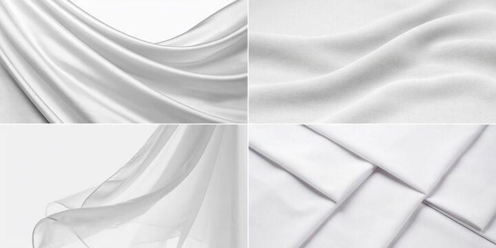 Multiple pieces of elegant blue silk fabric floating gracefully in the air showing smooth curves and soft textures captured against a clean and bright white background