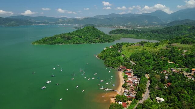 Aerial view of the sea coastline near the town of Paraty in Brazil
