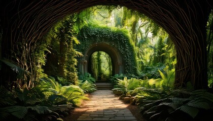 Obraz premium Mossy archway in lush green forest.