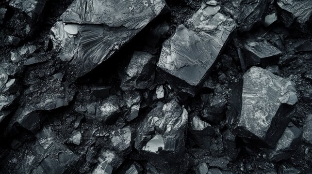 Abstract close-up of dark fractured coal background, showcasing rough and reflective jagged textures of natural carbon mineral pieces.
