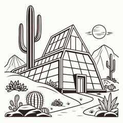Naklejka premium Modern desert greenhouse building with solar panels and cacti greenhouse architecture