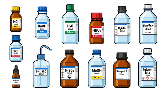 Collection of assorted laboratory chemical bottles with labels