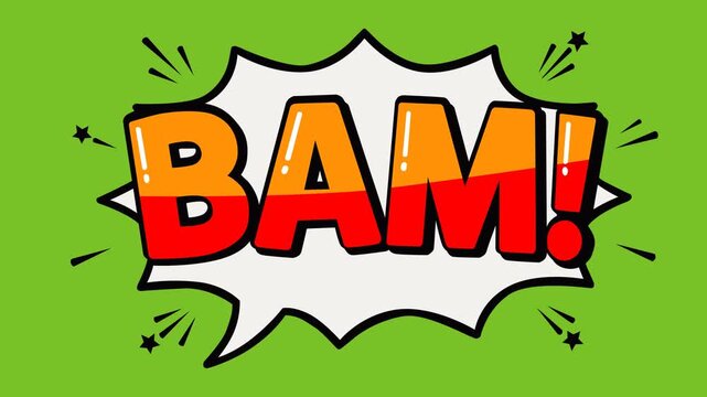 Animated video footage featuring a bold BAM comic speech bubble on a green screen background