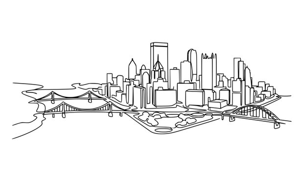Continuous one line drawing of Pittsburgh Pennsylvania city skyline with bridges and riverfront, famous travel landmark wall art vector illustration