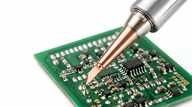 Precision Soldering of Electronic Components on a Green Circuit Board with a Professional Metal Soldering Iron Tip for Circuit Repair and Hardware Maintenance