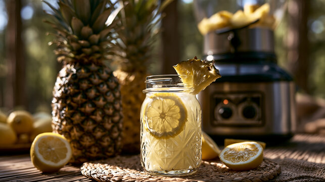 Fresh pineapple lemonade with lemon slices in a mason jar outdoors