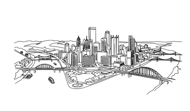 Minimalist continuous line Pittsburgh Pennsylvania skyline with downtown skyscrapers and iconic bridges, travel poster and wall decor vector art