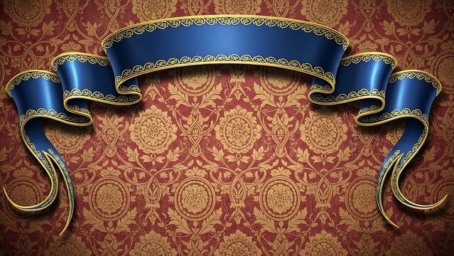 Blue Ribbon Banner Over Red Damask Wallpaper gold trim