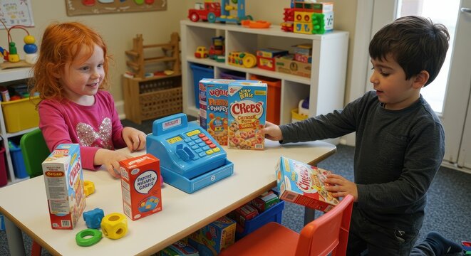 Children playing with colorful building blocks at wooden table.