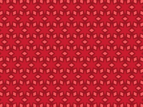 Red geometric pattern with repeating star shapes. Minimalist design features sharp, clean lines. Uniform pattern creates modern, rhythmic visual effect. Perfect for backgrounds, textiles