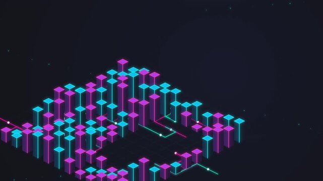 Colorful 3d pixel art geometric mountain landscape with neon lights