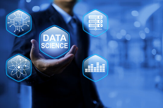 data science concept with businessman holding data on his hand represent to collect and arrange summary conclusion for strategic process