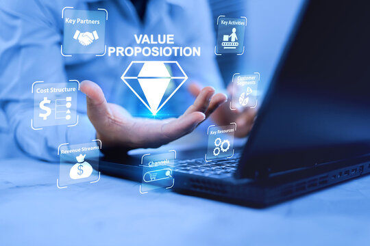 The value proposition concept, depicted with a businessman's hand holding a diamond icon, represents emphasizing the value of products and services as the core of business operations