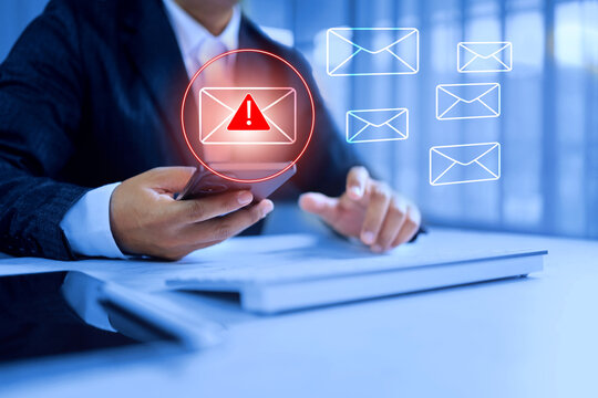 phishing email security concept with businessman checking inbox alert warning represents cyber attack on cyber
