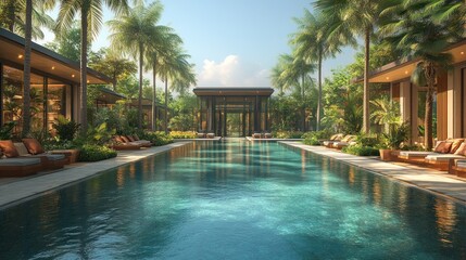 Fototapeta premium Long luxury swimming pool with modern resort architecture, tropical palm trees, and elegant lounge areas for serene relaxation and vacation.