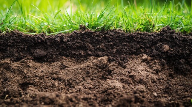 Detailed cross section of lush green grass with visible roots over rich, dark brown soil layers.