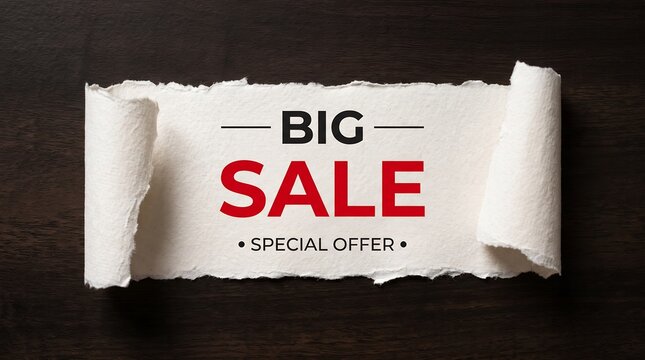 A rolled piece of white textured paper showing big sale text and special offer caption placed horizontally on top of a dark wooden surface with visible grain patterns and texture
