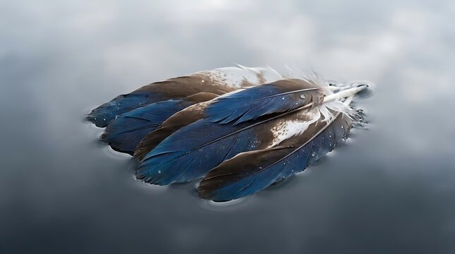 Blue and grey bird feathers floating on water surface.