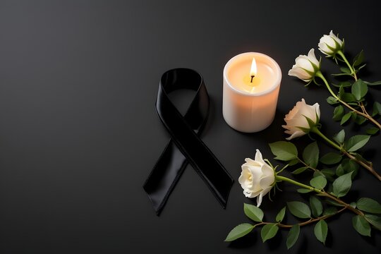 Trauer Kerze mit schwarzer Schleife und wei&szlig;en Rosen