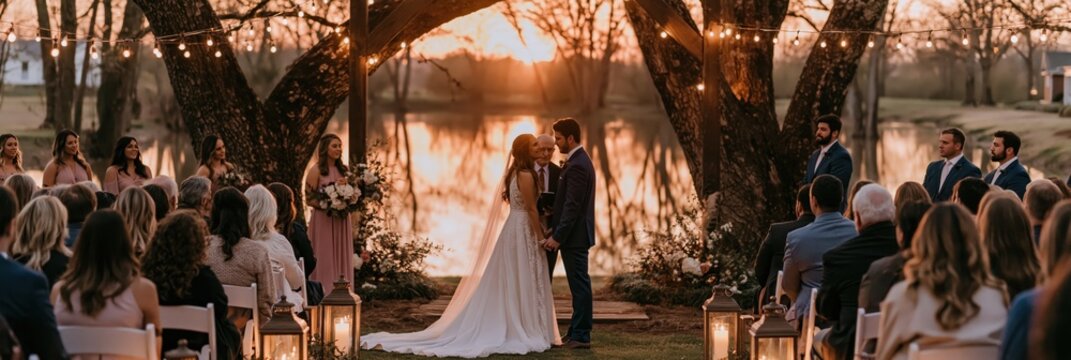 Golden Hour Kiss at a Romantic Outdoor Ceremony by the Water