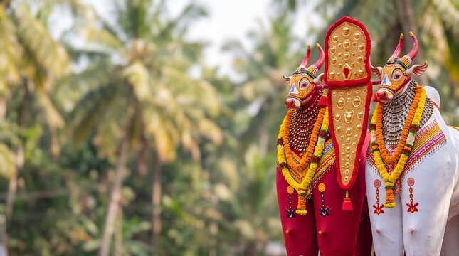 Decorated Kettukala bull effigies for Oachira 28th Onam festival in Kerala, framed against sunny coconut palms background with copy space on left.