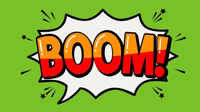 Animated video footage featuring a bold BOOM comic speech bubble on a green screen background