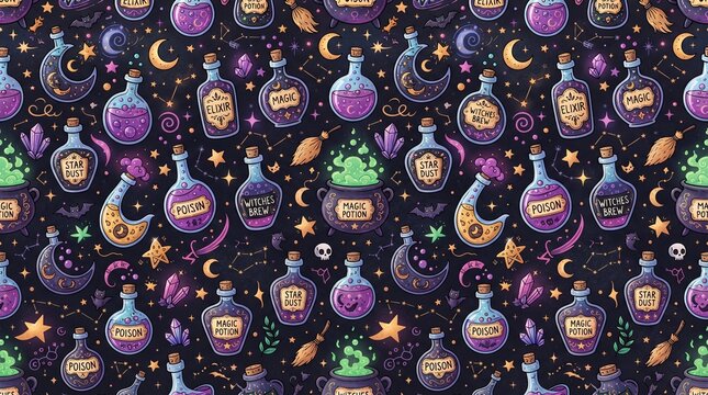 Black Magic Potion Bottles Halloween Seamless Pattern Dark Witch Background