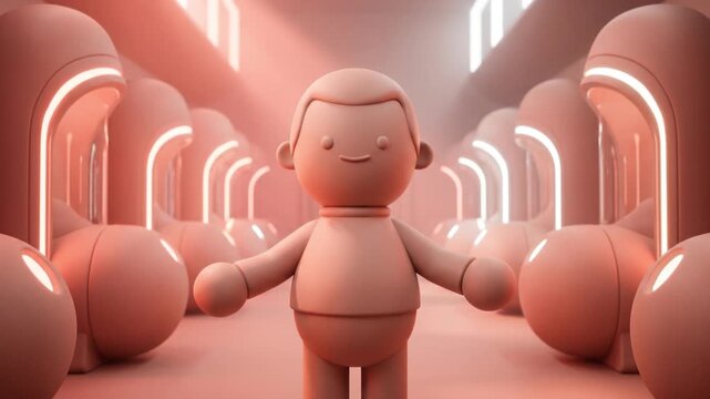 次世代フードラボ空間で落ち込んだ状態からリラックスして微笑む粘土風マスコットの3DCG映像