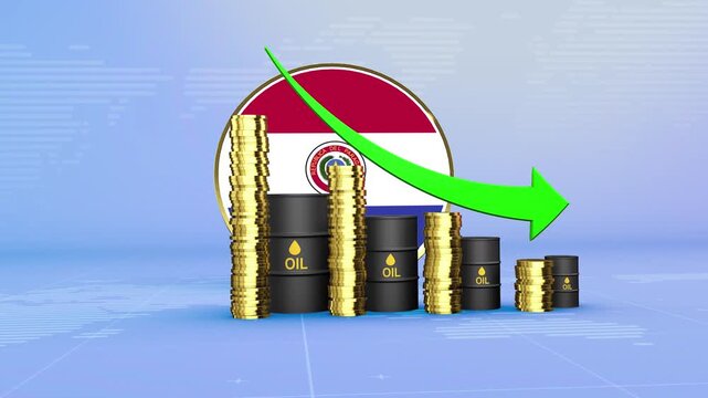Paraguay Oil Prices Decline with Oil Barrels, Gold Coins and Downward Green Arrow, 3D Economic and Financial Market Concept