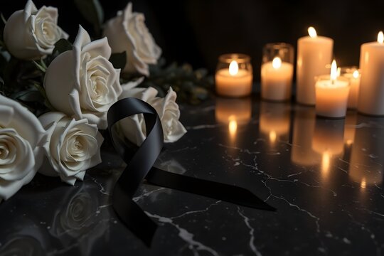 Trauer brennende Kerzen vor wei&szlig;en Rosen im Dunkeln