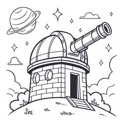 Space observatory with saturn planet line art observatory telescope astronomy building © Ms