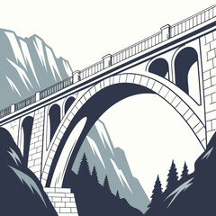 Fototapeta premium Arch stone bridge crossing mountain valley with pine trees mountain architecture landscape
